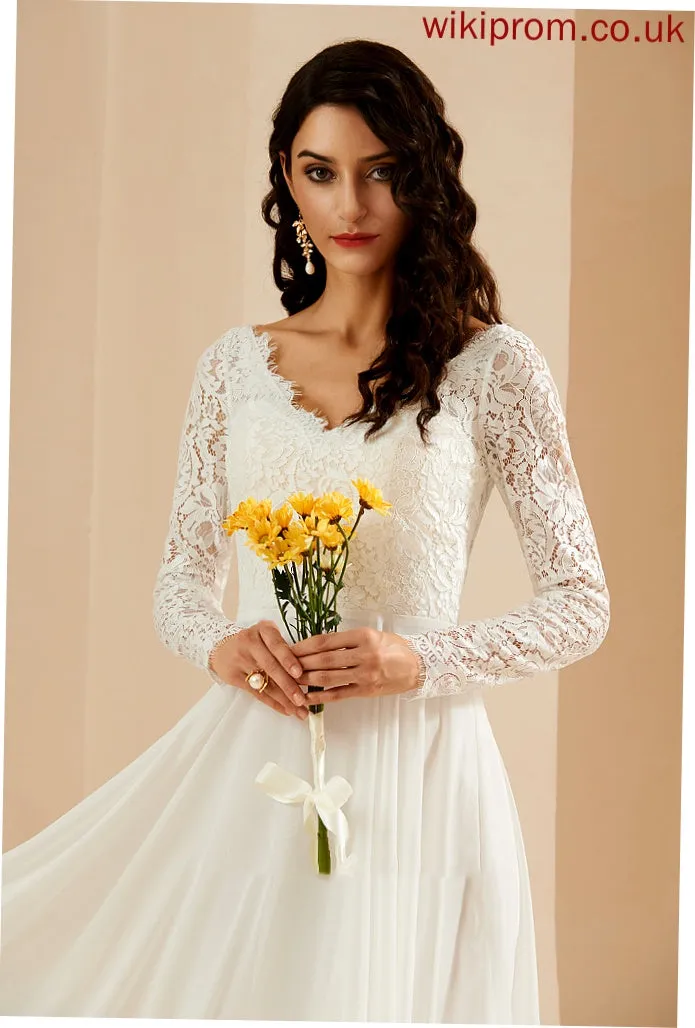 Philippa Lace Wedding Train V-neck Wedding Dresses With A-Line Dress Sweep