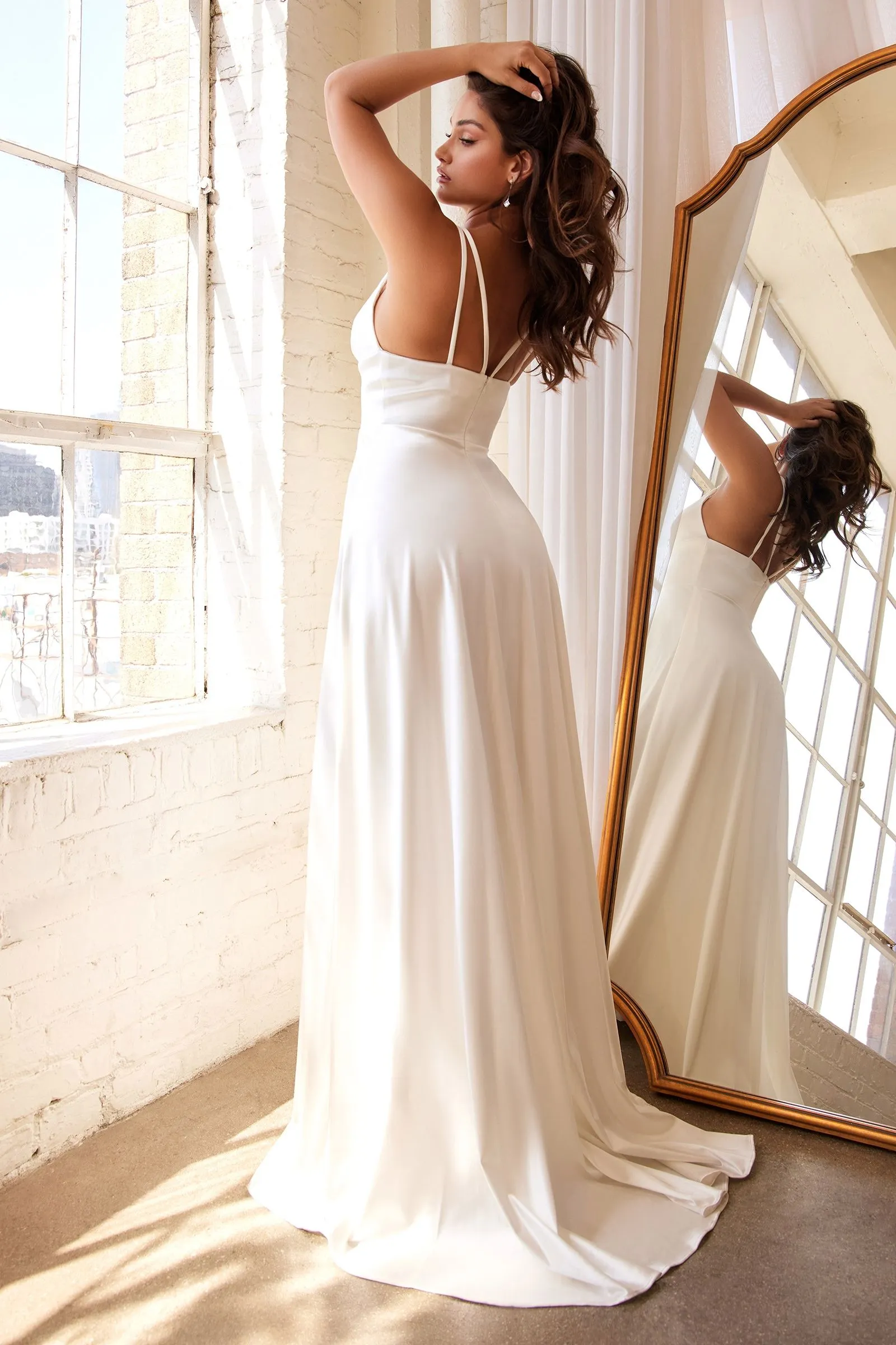 Plunging Neckline Minimalist Satin Long Gown Cinderella CD903W
