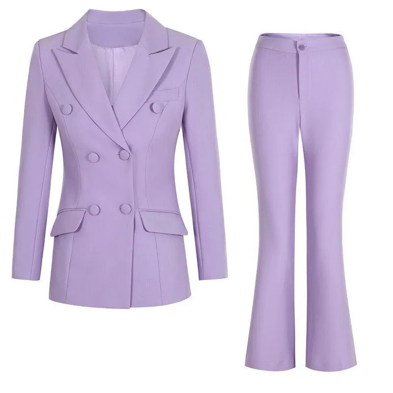 Purple Double-Breasted Suit - Women Flared Pantsuit