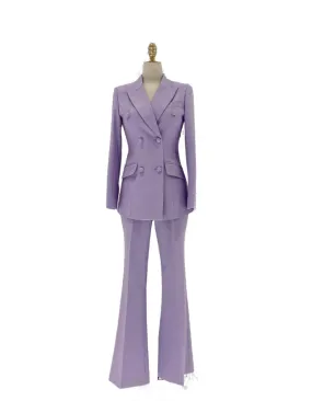 Purple Double-Breasted Suit - Women Flared Pantsuit