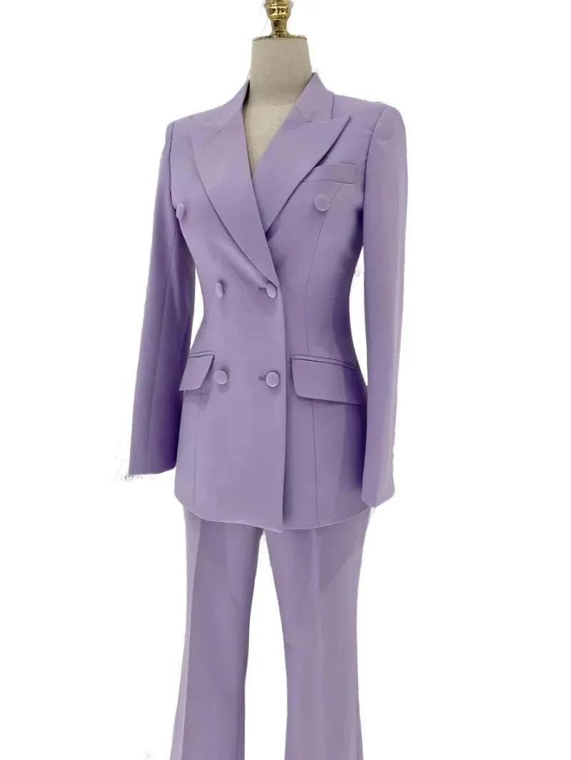 Purple Double-Breasted Suit - Women Flared Pantsuit