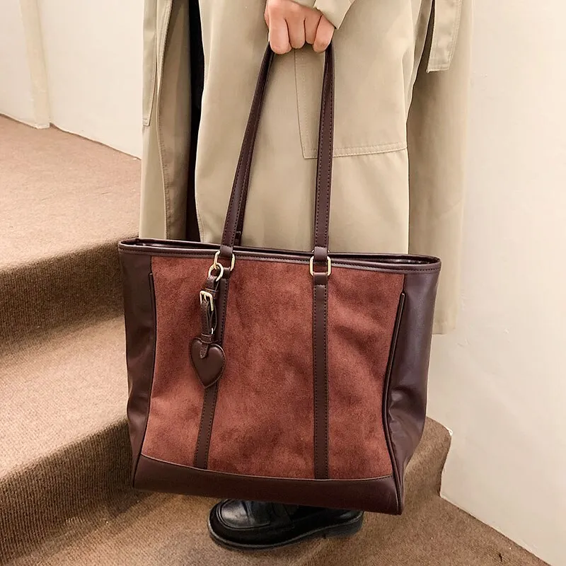Retro Color Contrast Big PU Leather Shoulder Bags for Women 2021 Winter Designer Brand Personality Shoulder Handbag and Purses
