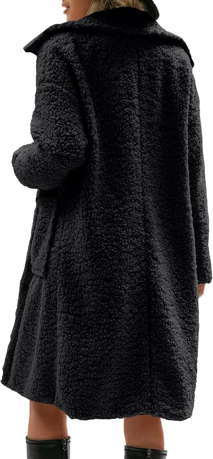 Ruziyoog Women's Fuzzy Fleece Jackets 2024 Fashion Long Sleeve Lapel Button Down Long Teddy Coat Faux Fur Warm Winter Outwear