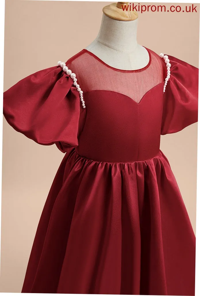 Satin Girl Dress - Ankle-length Sleeves A-Line Neck Flower Scoop Gillian Flower Girl Dresses Beading With Short