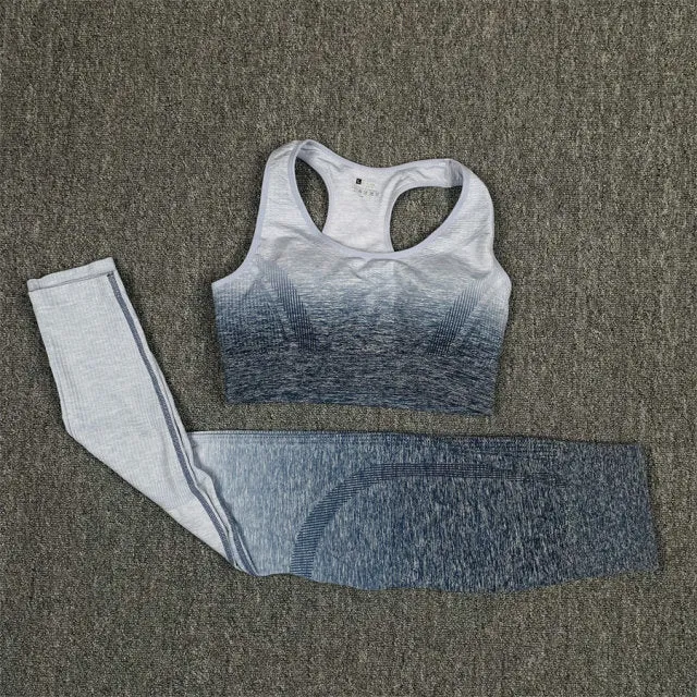 Seamless Grey and Blue Ombre Padded Sports Bra and Leggings Gym Set