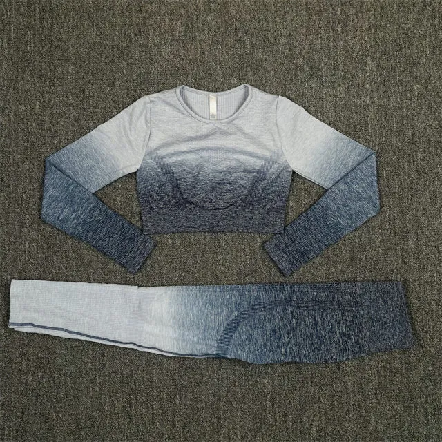 Seamless Grey and Blue Ombre Padded Sports Bra and Leggings Gym Set