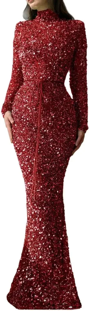 Sequin Mermaid Prom Dresses 2024 Sparkly High Neck Long Sleeve Bodycon Formal Evening Party Gowns with Belt