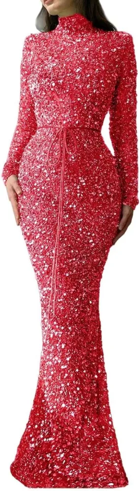 Sequin Mermaid Prom Dresses 2024 Sparkly High Neck Long Sleeve Bodycon Formal Evening Party Gowns with Belt