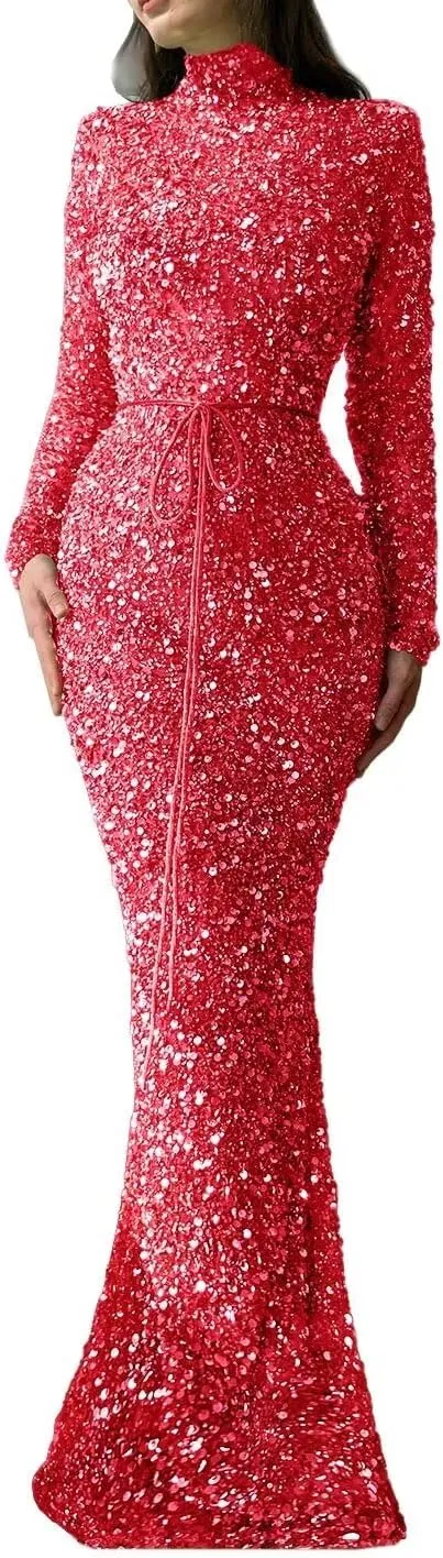Sequin Mermaid Prom Dresses 2024 Sparkly High Neck Long Sleeve Bodycon Formal Evening Party Gowns with Belt
