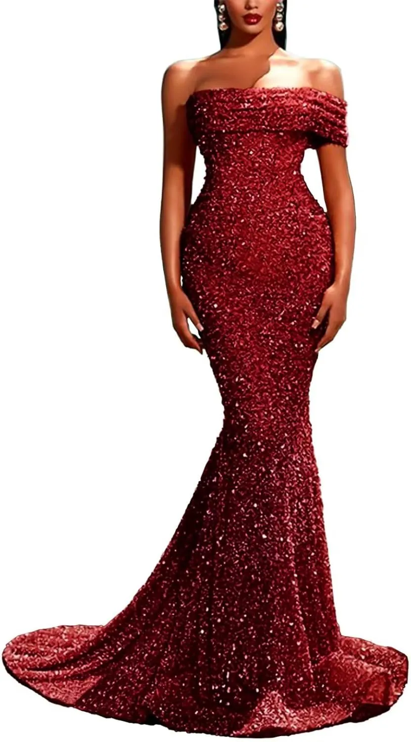 Sequin Mermaid Prom Dresses Sparkly One Shoulder Strapless Tight Long Formal Evening Party Gowns with Train 2023