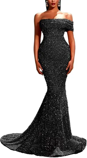 Sequin Mermaid Prom Dresses Sparkly One Shoulder Strapless Tight Long Formal Evening Party Gowns with Train 2023
