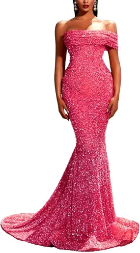 Sequin Mermaid Prom Dresses Sparkly One Shoulder Strapless Tight Long Formal Evening Party Gowns with Train 2023