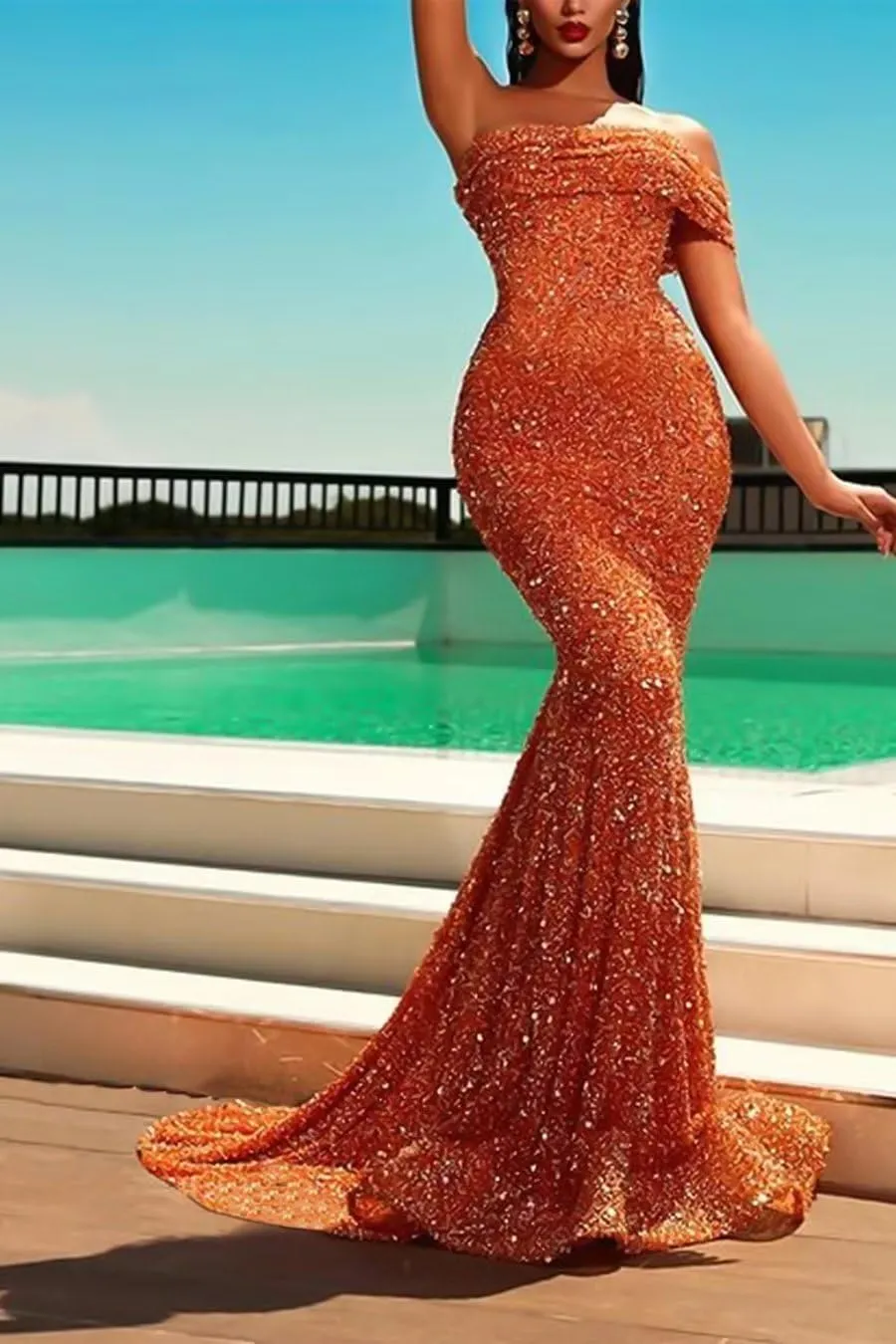 Sequin Mermaid Prom Dresses Sparkly One Shoulder Strapless Tight Long Formal Evening Party Gowns with Train 2023