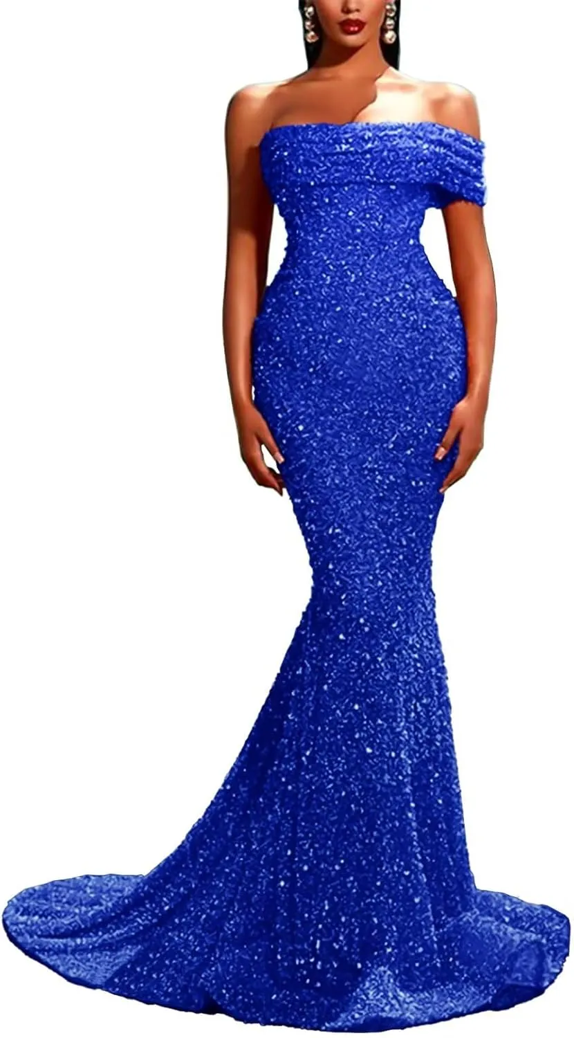 Sequin Mermaid Prom Dresses Sparkly One Shoulder Strapless Tight Long Formal Evening Party Gowns with Train 2023