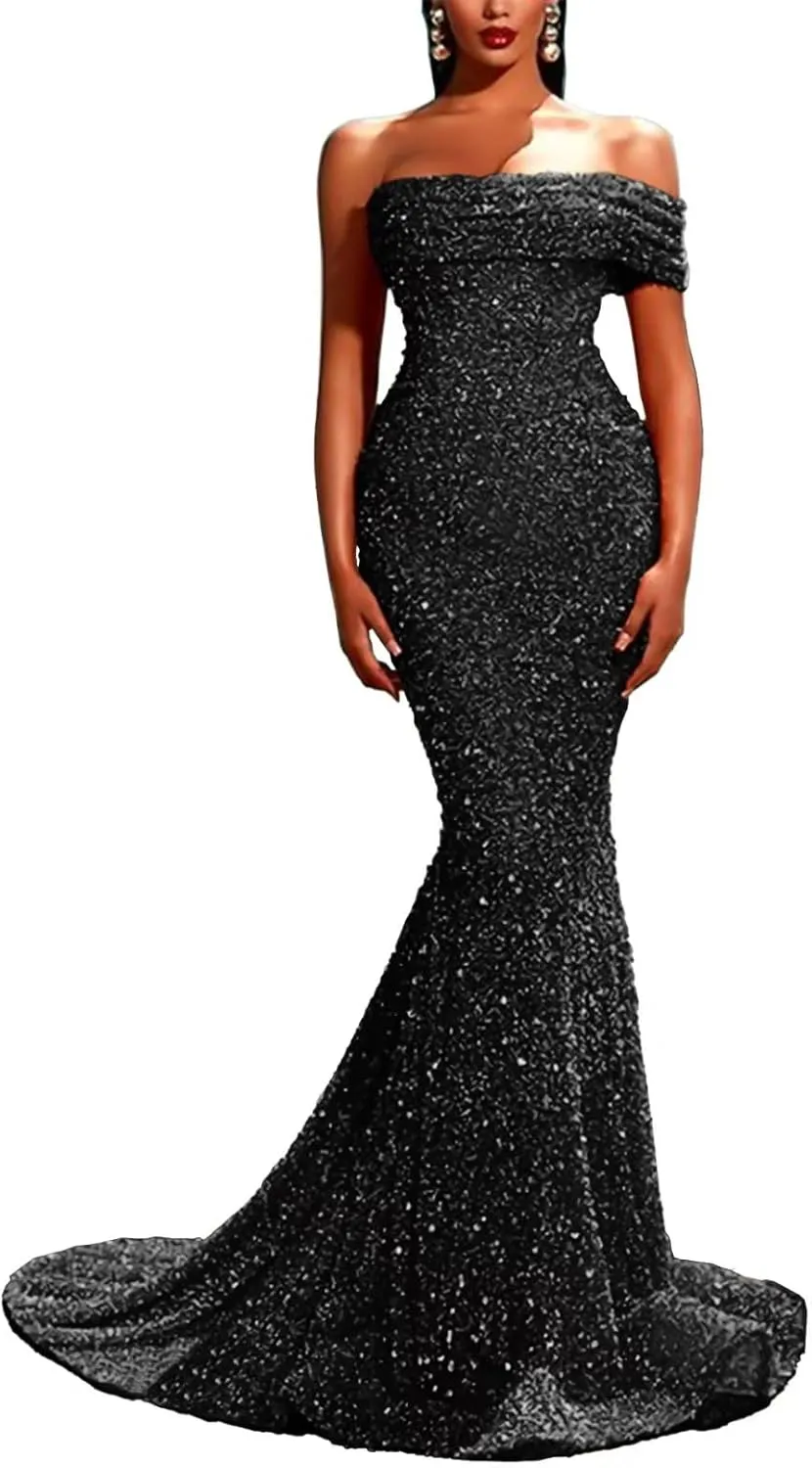 Sequin Mermaid Prom Dresses Sparkly One Shoulder Strapless Tight Long Formal Evening Party Gowns with Train 2023