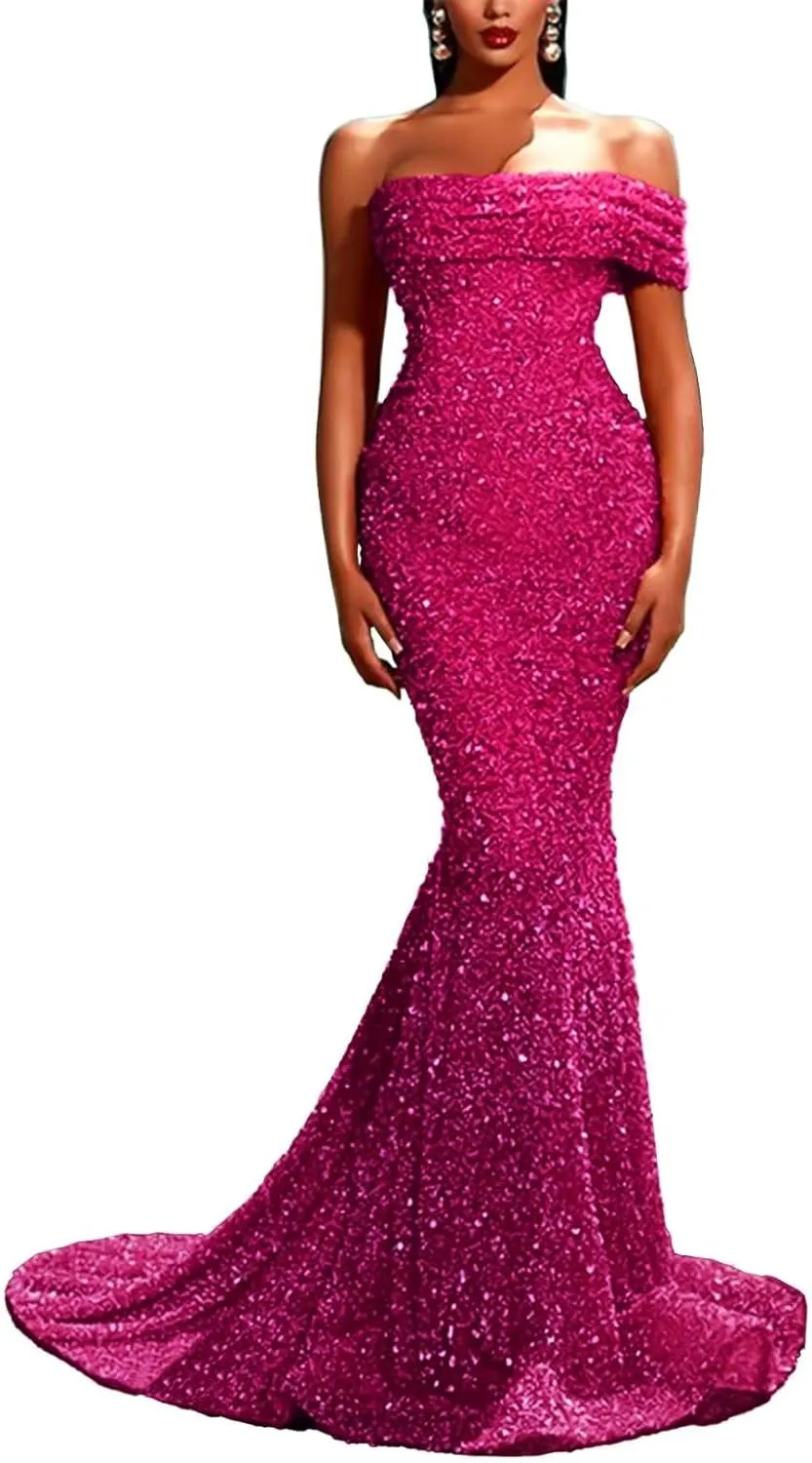 Sequin Mermaid Prom Dresses Sparkly One Shoulder Strapless Tight Long Formal Evening Party Gowns with Train 2023