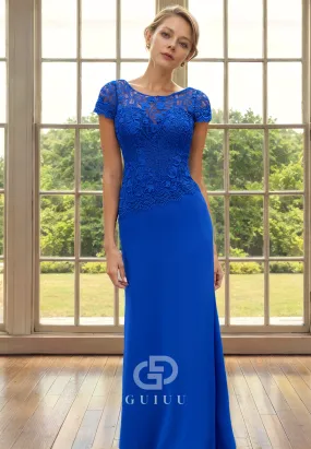 Sheath Scoop Neck Short Sleeves Lace V Back Mother of Bride Dress