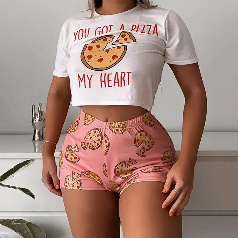 Short Sleeve Crop Top   Shorts Pizza Pattern Pajamas
