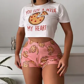 Short Sleeve Crop Top   Shorts Pizza Pattern Pajamas
