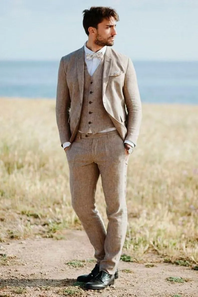 SHUZHXLZANGY Mens Linen Suits for Men 3 Piece Suit Regular Fit Linen Suit Men Summer Beach Wedding Suits