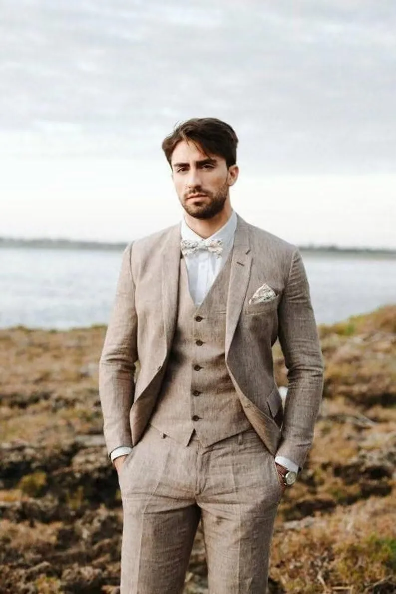 SHUZHXLZANGY Mens Linen Suits for Men 3 Piece Suit Regular Fit Linen Suit Men Summer Beach Wedding Suits