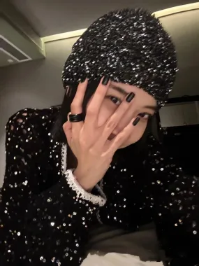 Sohiwoo Sequin Knitted Beanies Hats For Women&Men Winter Warm Skullies Caps Outdoor Windproof Famela Cover Head Cold Caps Ear Hat Bonnet
