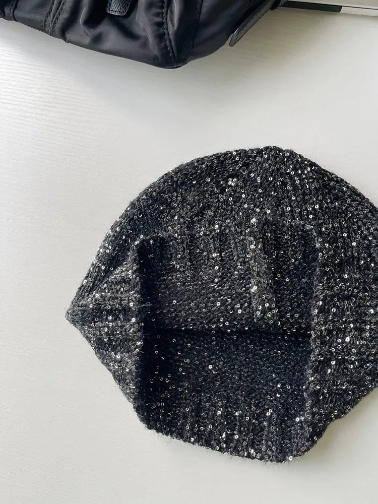 Sohiwoo Sequin Knitted Beanies Hats For Women&Men Winter Warm Skullies Caps Outdoor Windproof Famela Cover Head Cold Caps Ear Hat Bonnet