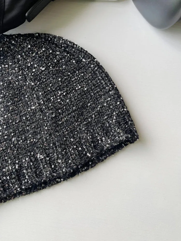 Sohiwoo Sequin Knitted Beanies Hats For Women&Men Winter Warm Skullies Caps Outdoor Windproof Famela Cover Head Cold Caps Ear Hat Bonnet