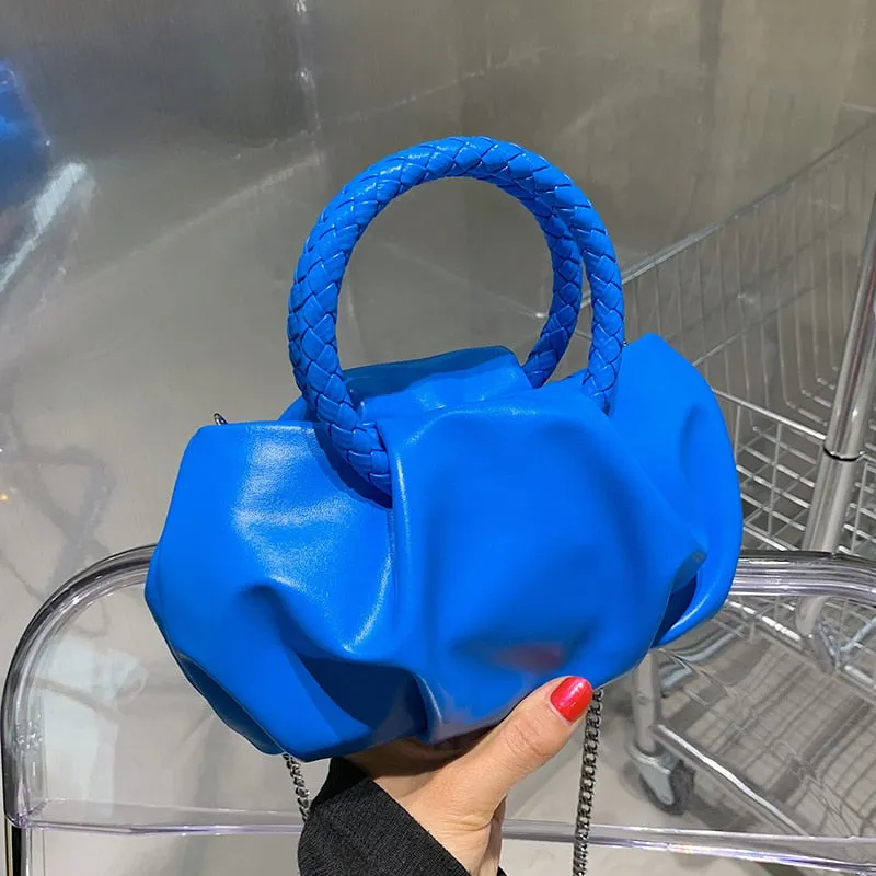 Solid color Pleated Small Totes With Woven Handle 2021 Summer PU Leather Women's Designer Handbag Chain Shoulder Messenger Bag