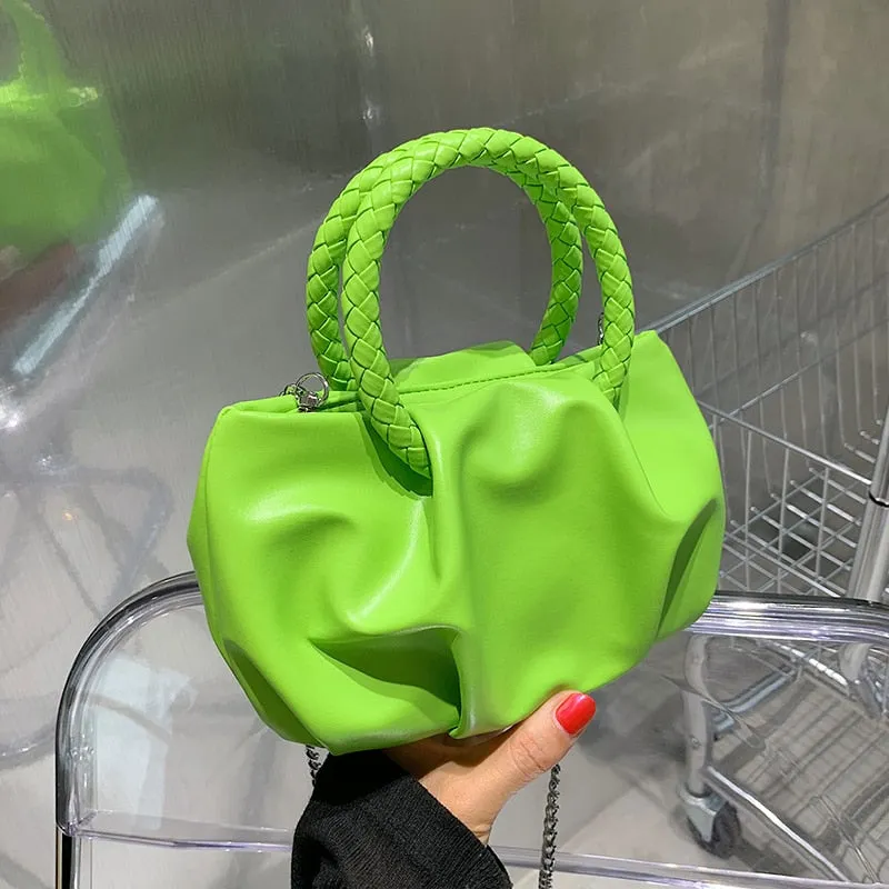Solid color Pleated Small Totes With Woven Handle 2021 Summer PU Leather Women's Designer Handbag Chain Shoulder Messenger Bag