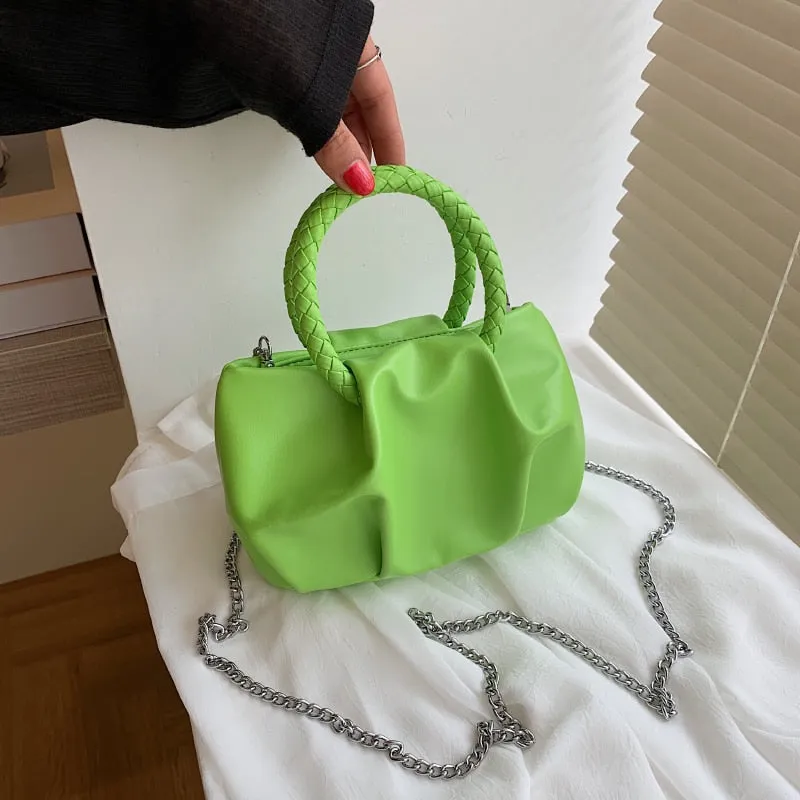 Solid color Pleated Small Totes With Woven Handle 2021 Summer PU Leather Women's Designer Handbag Chain Shoulder Messenger Bag