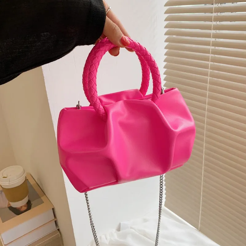 Solid color Pleated Small Totes With Woven Handle 2021 Summer PU Leather Women's Designer Handbag Chain Shoulder Messenger Bag