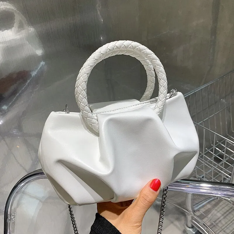 Solid color Pleated Small Totes With Woven Handle 2021 Summer PU Leather Women's Designer Handbag Chain Shoulder Messenger Bag