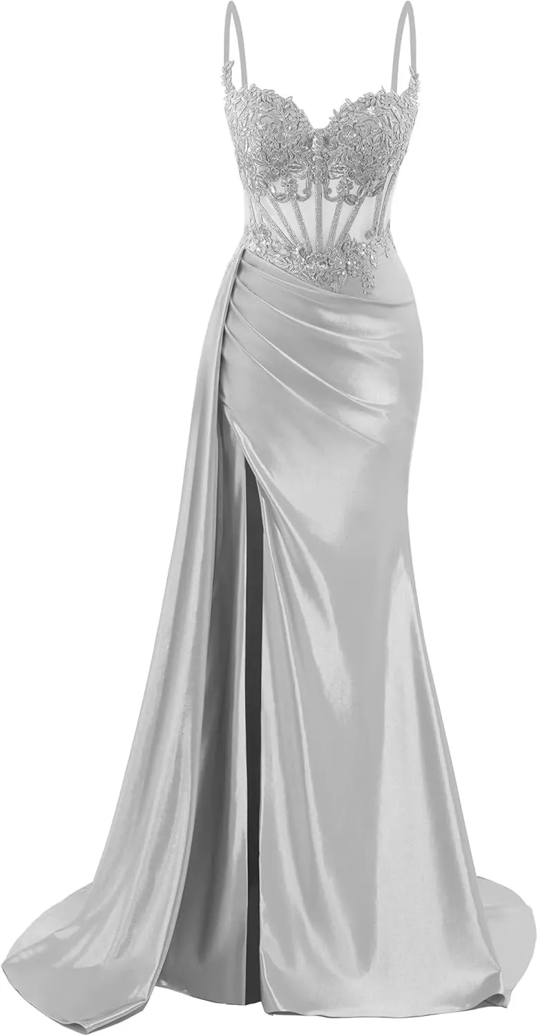 Spaghetti Strap Satin Prom Dresses Long Mermaid Lace Formal Gowns Corset Evening Party Dresses with Slit