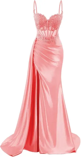 Spaghetti Strap Satin Prom Dresses Long Mermaid Lace Formal Gowns Corset Evening Party Dresses with Slit