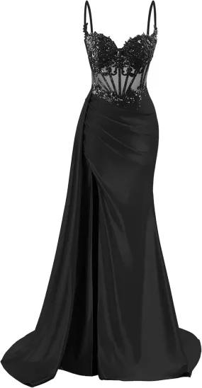 Spaghetti Strap Satin Prom Dresses Long Mermaid Lace Formal Gowns Corset Evening Party Dresses with Slit
