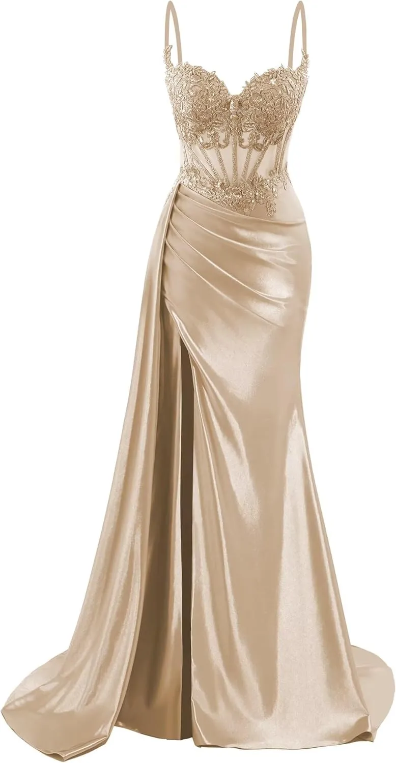 Spaghetti Strap Satin Prom Dresses Long Mermaid Lace Formal Gowns Corset Evening Party Dresses with Slit