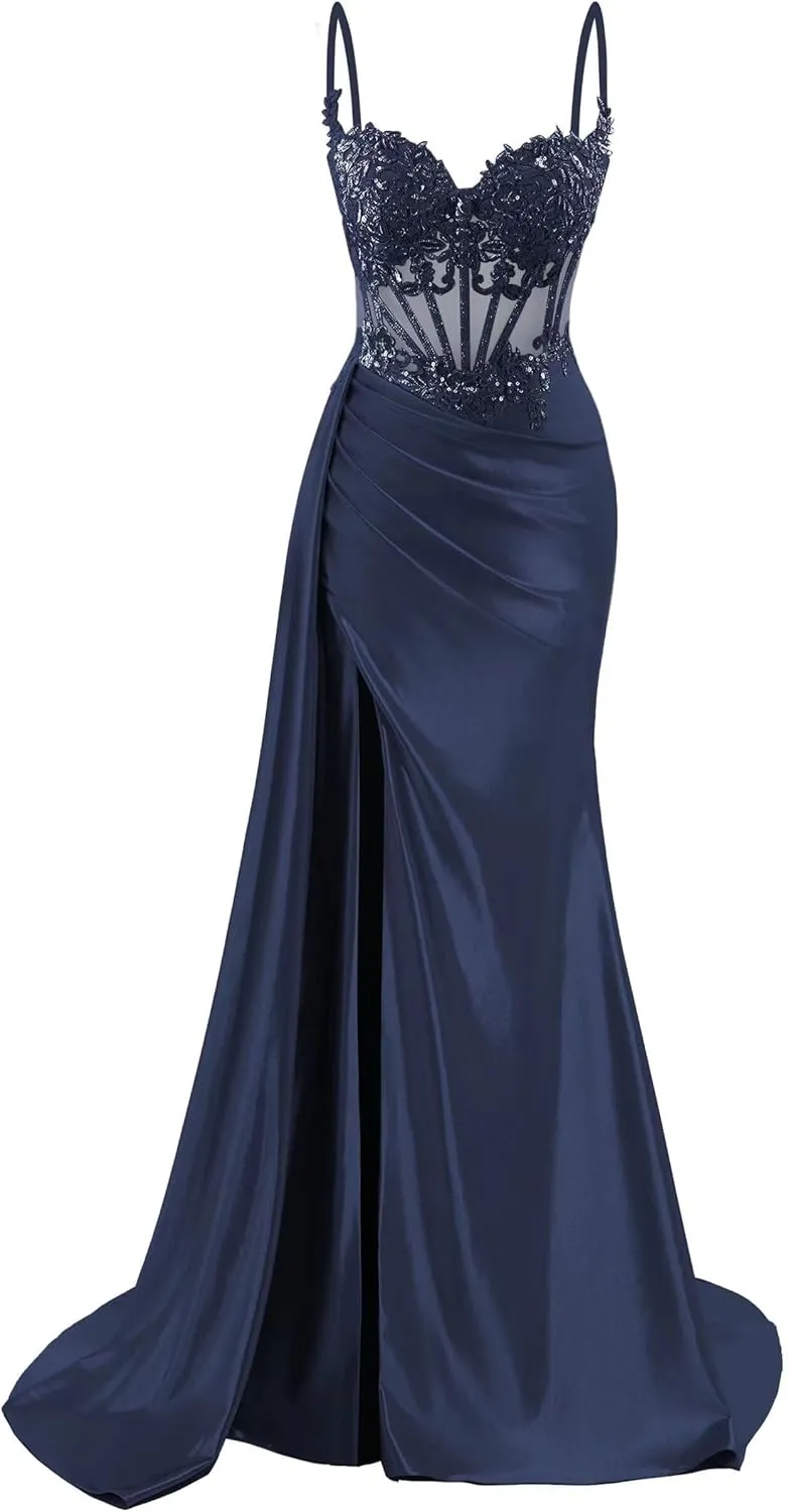 Spaghetti Strap Satin Prom Dresses Long Mermaid Lace Formal Gowns Corset Evening Party Dresses with Slit