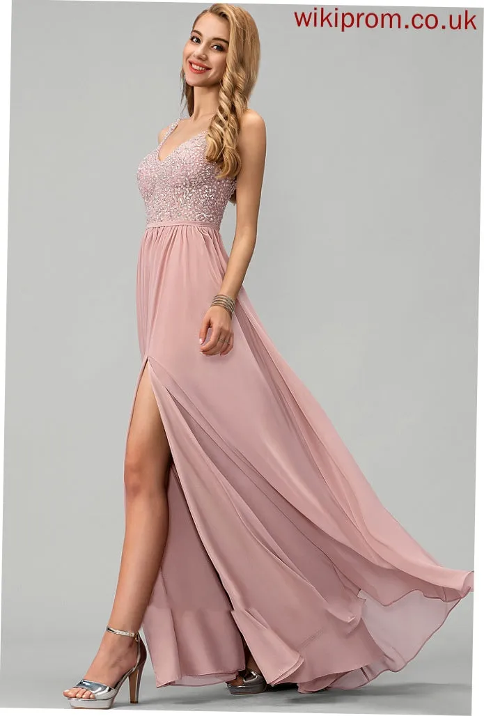 Split Floor-Length A-Line V-neck Beading Cassidy Sequins Chiffon Front With Prom Dresses