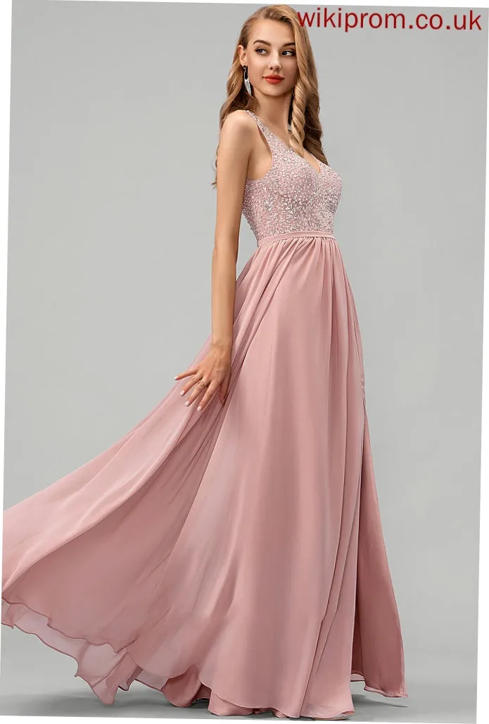 Split Floor-Length A-Line V-neck Beading Cassidy Sequins Chiffon Front With Prom Dresses
