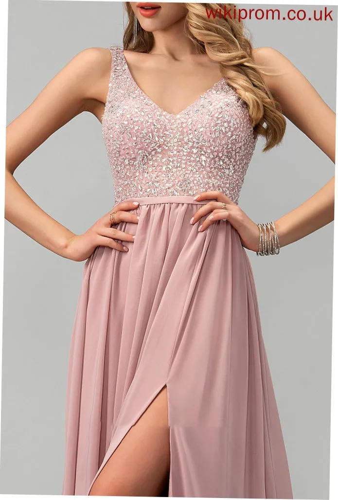 Split Floor-Length A-Line V-neck Beading Cassidy Sequins Chiffon Front With Prom Dresses
