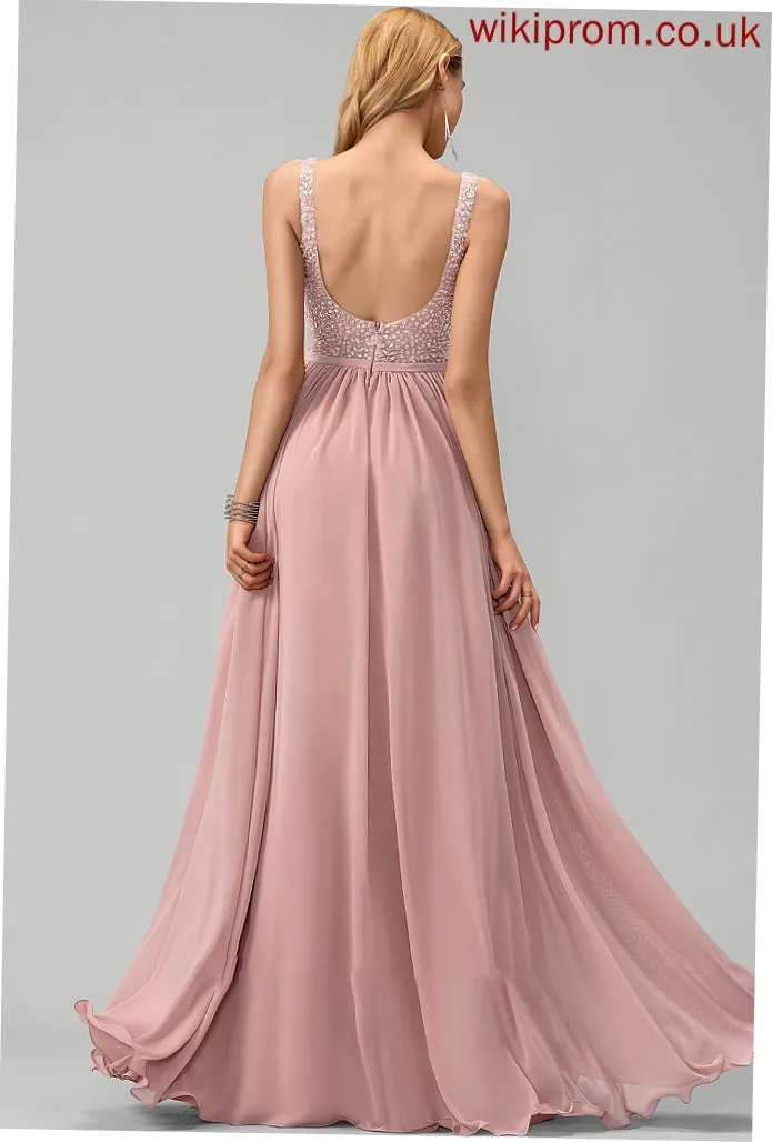 Split Floor-Length A-Line V-neck Beading Cassidy Sequins Chiffon Front With Prom Dresses