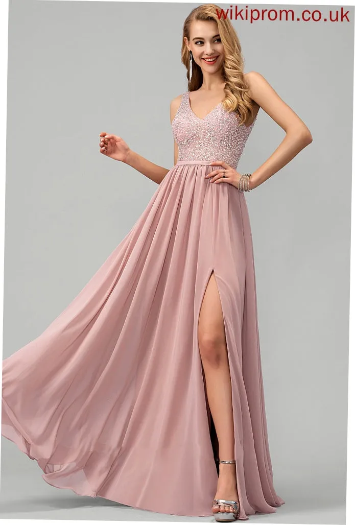 Split Floor-Length A-Line V-neck Beading Cassidy Sequins Chiffon Front With Prom Dresses