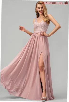 Split Floor-Length A-Line V-neck Beading Cassidy Sequins Chiffon Front With Prom Dresses