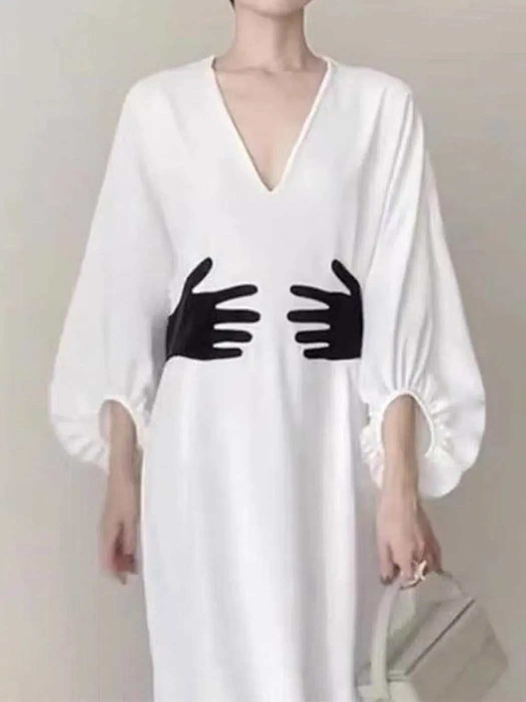 Spring New Fashion High Waist Hand Graphic Print V neck Long Sleeve Dress