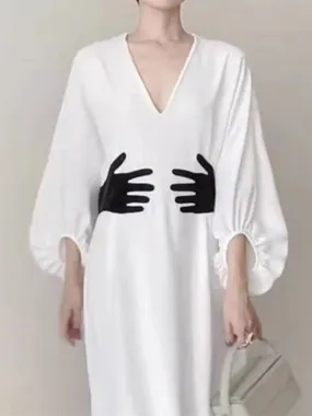 Spring New Fashion High Waist Hand Graphic Print V neck Long Sleeve Dress