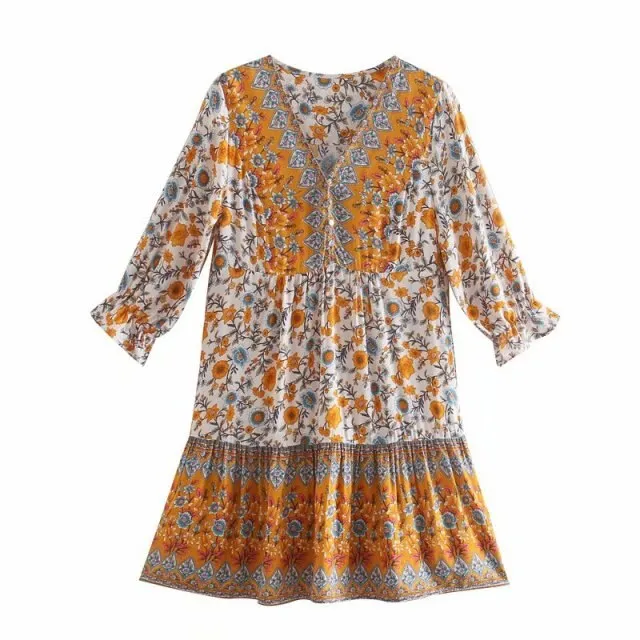 Spring Summer Boho Floral Print Midi A-line Dress