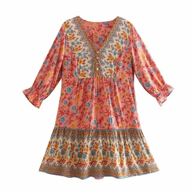 Spring Summer Boho Floral Print Midi A-line Dress