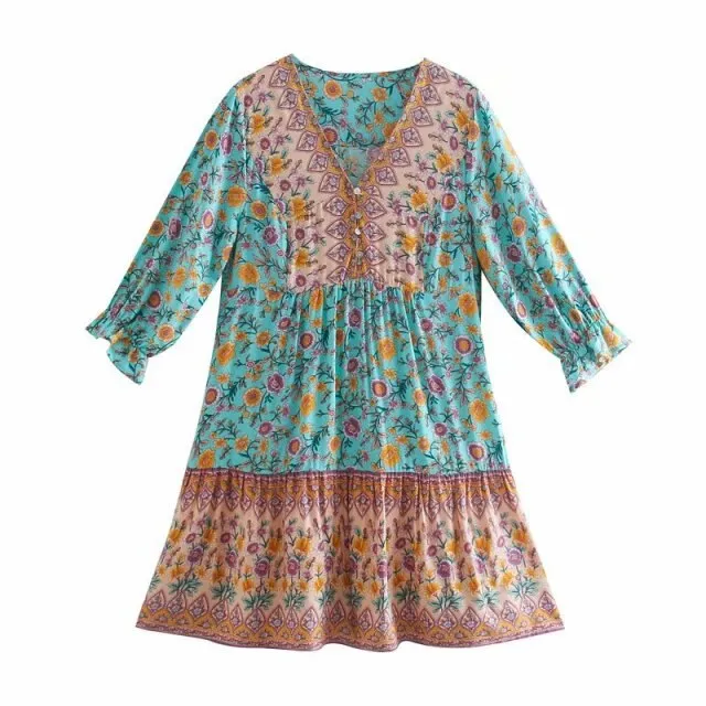 Spring Summer Boho Floral Print Midi A-line Dress