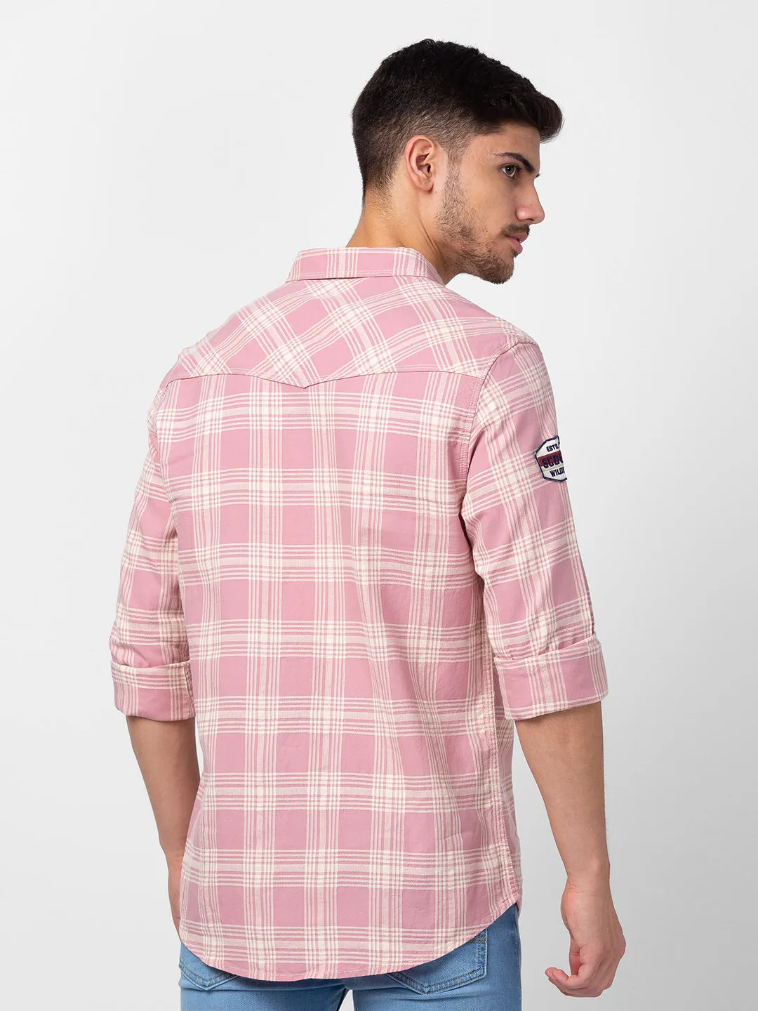 Spykar Men Dusty Pink Cotton Slim Fit Checkered Shirt